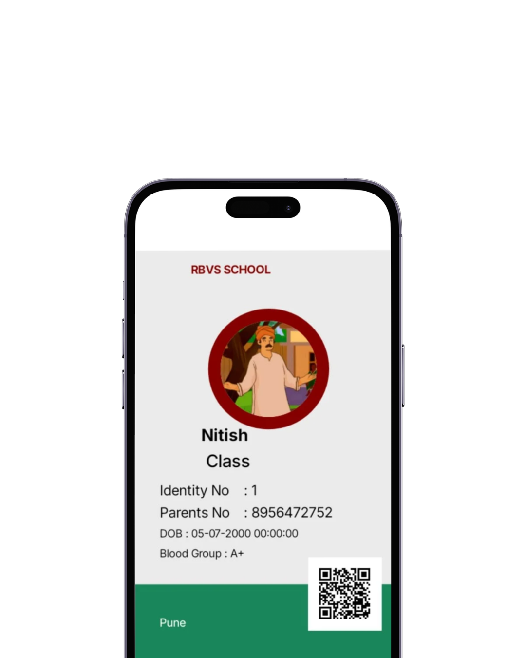Student identity profile in school safety app with personal details, QR code, and emergency contact information